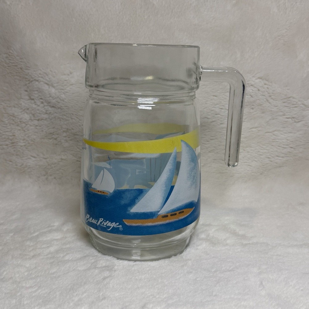 Vintage Beau Rivage Summertime Beachy Glass Pitcher Casino Collector's Sailboat